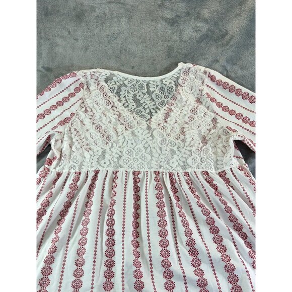 Baby doll Blouse Women's Large Red and White V-Neck Top with Lace upper Back - Picture 5 of 8